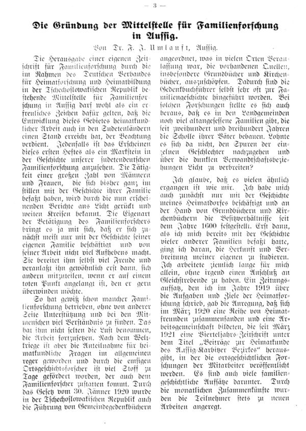 Die Gründung der Mittelstelle für Familienforschung in Aussig - 1