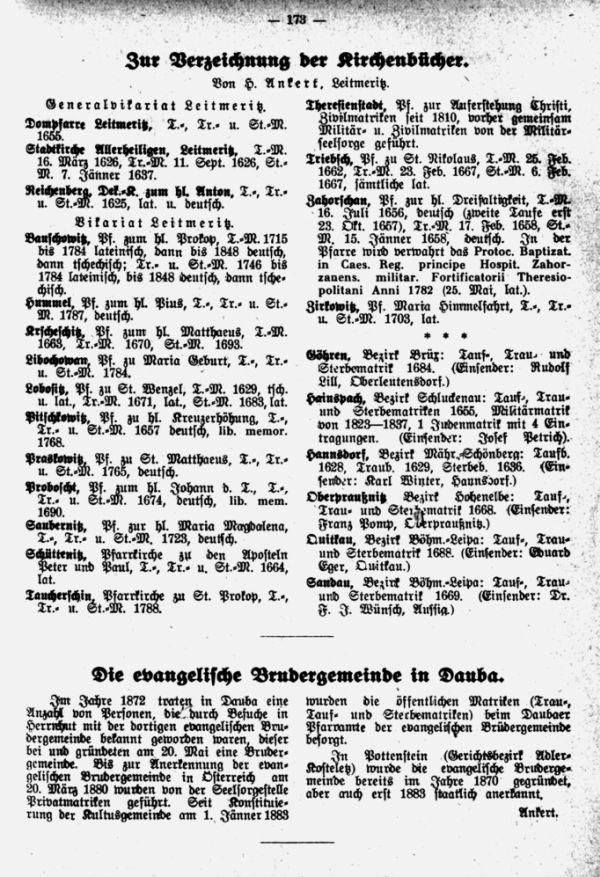 Zur Verzeichnung der Kirchenbücher - Die evangelische Brudergemeinde in Dauba