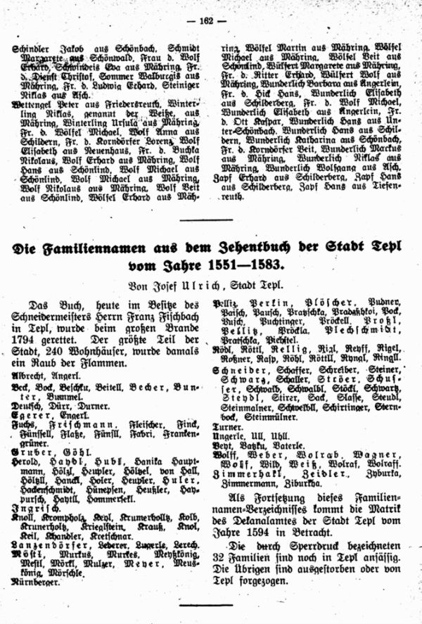 Familiennamen aus dem Zehentbuch der Stadt Tepl vom Jahre 1551-1583