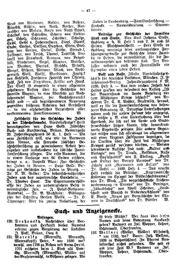 Beiträge zur Geschichte der Familien Stoll und Stolle - Such-  und Anzeigeecke