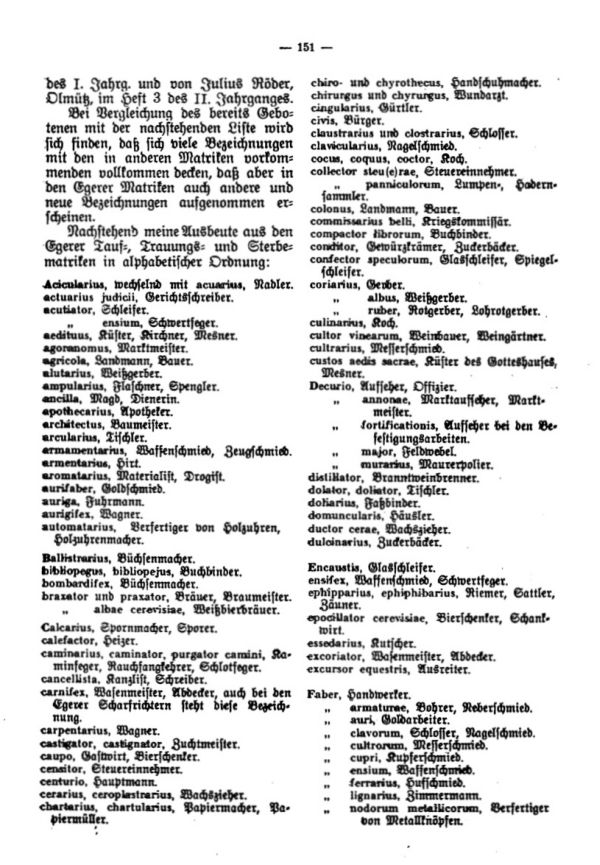 Die lateinischen Bezeichnungen für Stand und Gewerbe in den Egerer Pfarrmatriken - 2