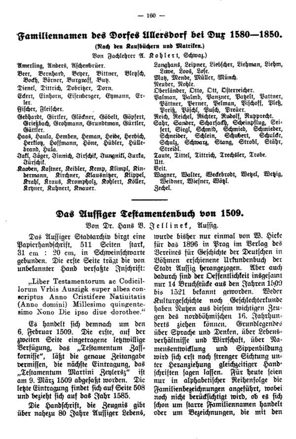 Familiennamen des Dorfes Ullersdorf bei Dux 1580-1850 - Das Aussiger Testamentenbuch von 1509
