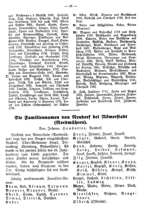 Familiennamen von Neudorf bei Römerstadt (Nordmähren)