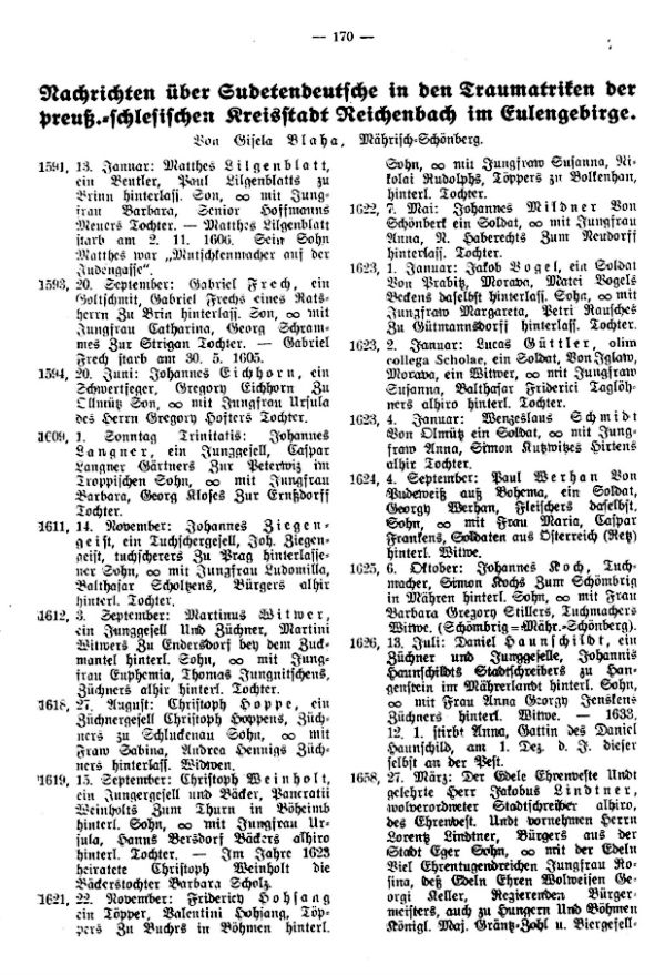 Nachrichten über Sudetendeutsche in den Traumatriken der preußisch-schlesischen Kreisstadt Reichenbach im Eulengebirge - 1