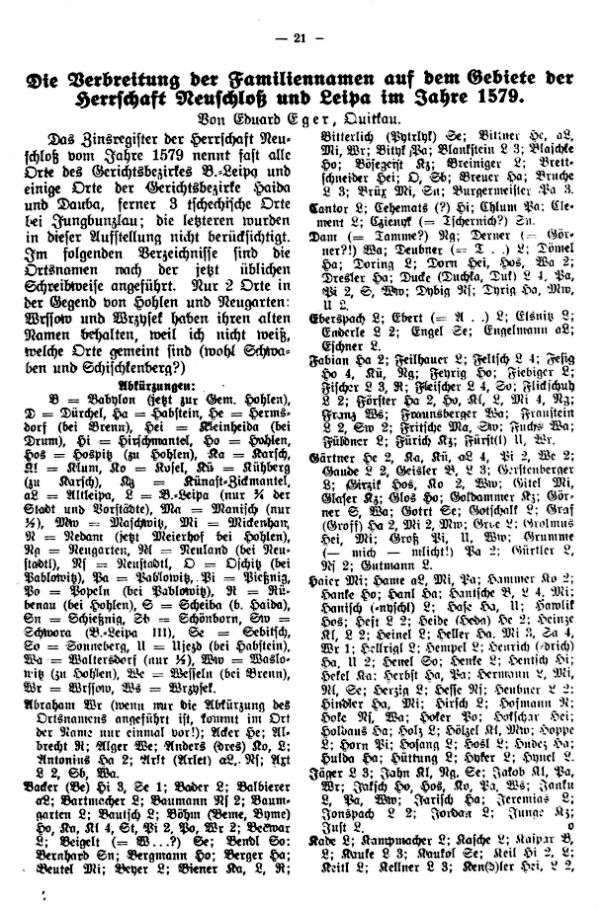 Die Verbreitung der Familiennamen auf dem Gebiete der Herrschaft Neuschloß und Leipa im Jahre 1579 - 1