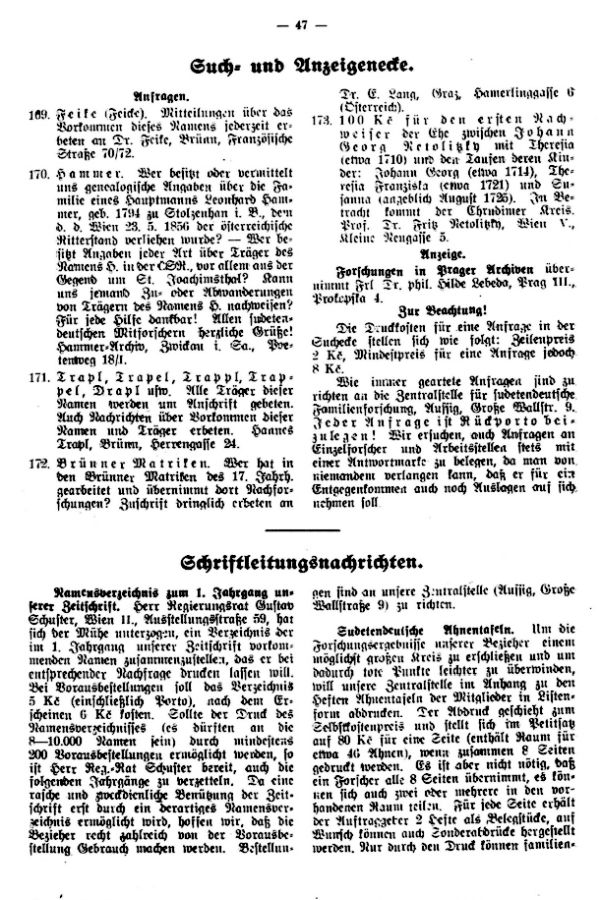 Such- und Anzeigeecke - Schriftleitungsnachrichten