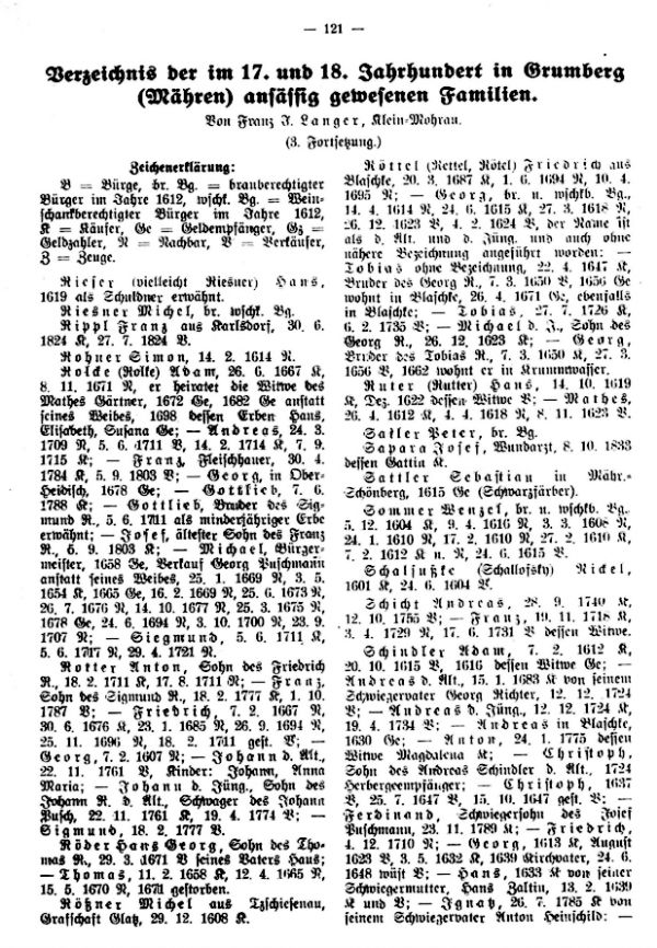 Verzeichnis der im 17. und 18. Jh. in Grumberg (Mähren) ansässig gewesenen Familien - 1