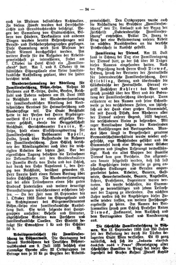 Familientag der Diewock - Die tschechische Familienforschung in Böhmen