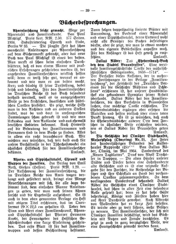 Familienforschung leicht gemacht - Ahnen- und Sippschafttafel, Chronik und Wappen der Familien Julius Röder - Das Eheberegnuß-Buch bey dem Stadtel Braunseuffen - Die Geschichte des Olmützer Stadthauses, Masarykplatz (Oberring) Nr.21