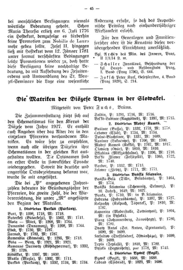 Die Matriken der Diözese Thrnau in der Slowakei - 1