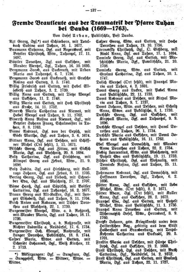 Fremde Brautleute aus der Traumatrik der Pfarre Tuhan bei Dauba (1699-1763) - 1
