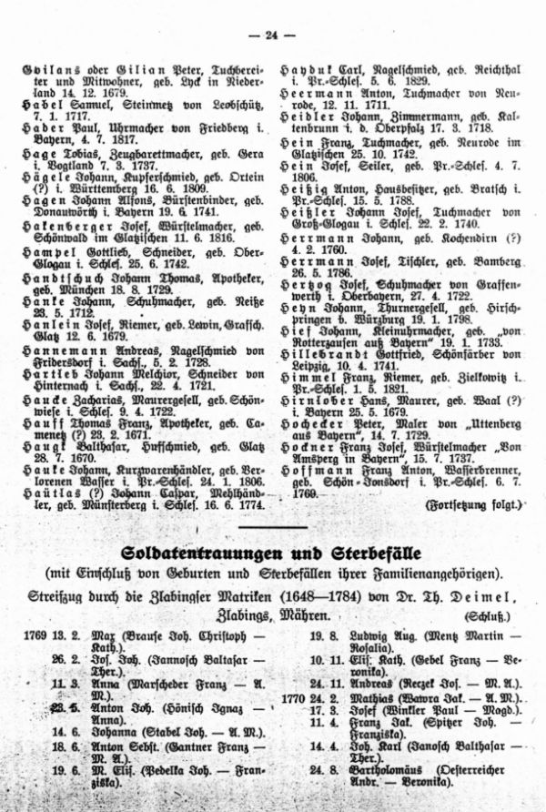 Soldatentrauungen und Sterbefälle (mit Einschluß von Geburten und Sterbefällen inrer Familienangehörigen): Streifzug durch die Zlabingser Matriken (1648-1784) - 1