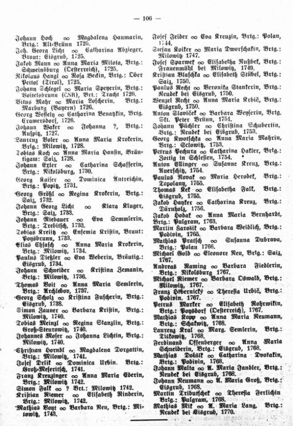 Fremde Brautleute in Prittlach, Bez. Auspitz, 1708-1770 - 2