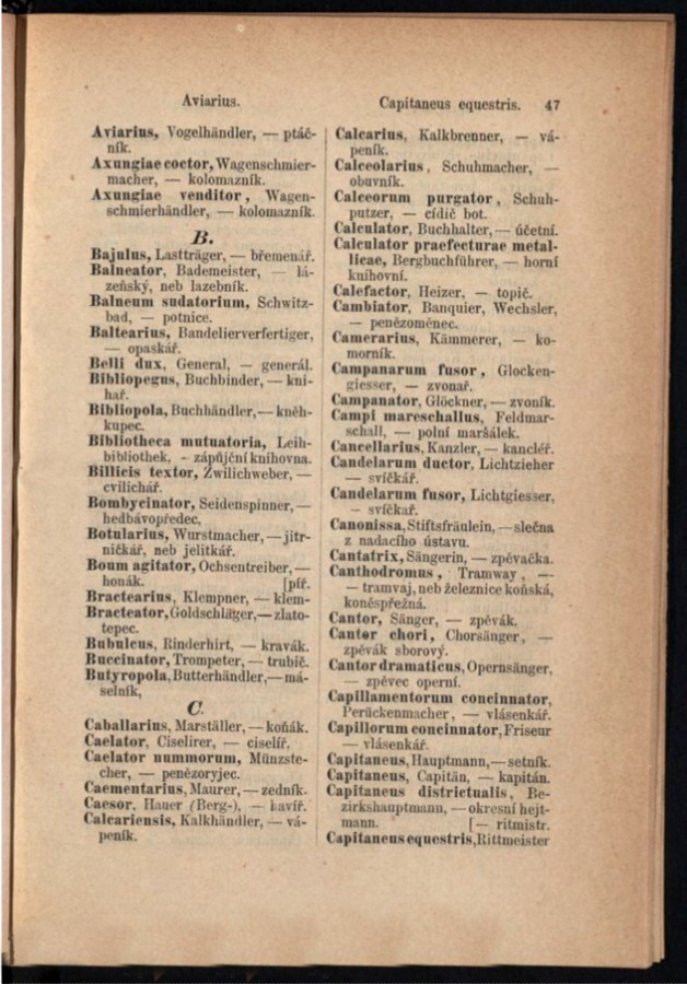 Teil 3  Latein - Deutsch - Böhmisch / von 'Aviarius' bis 'Capitaneus equestris'